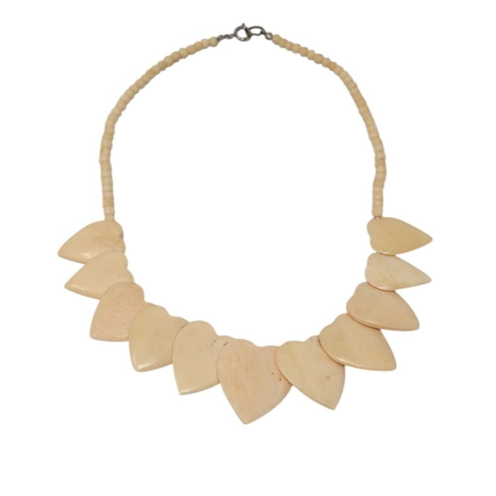 Vintage Boho Shell Bib Necklace Cream Bone Tribal Statement 90s